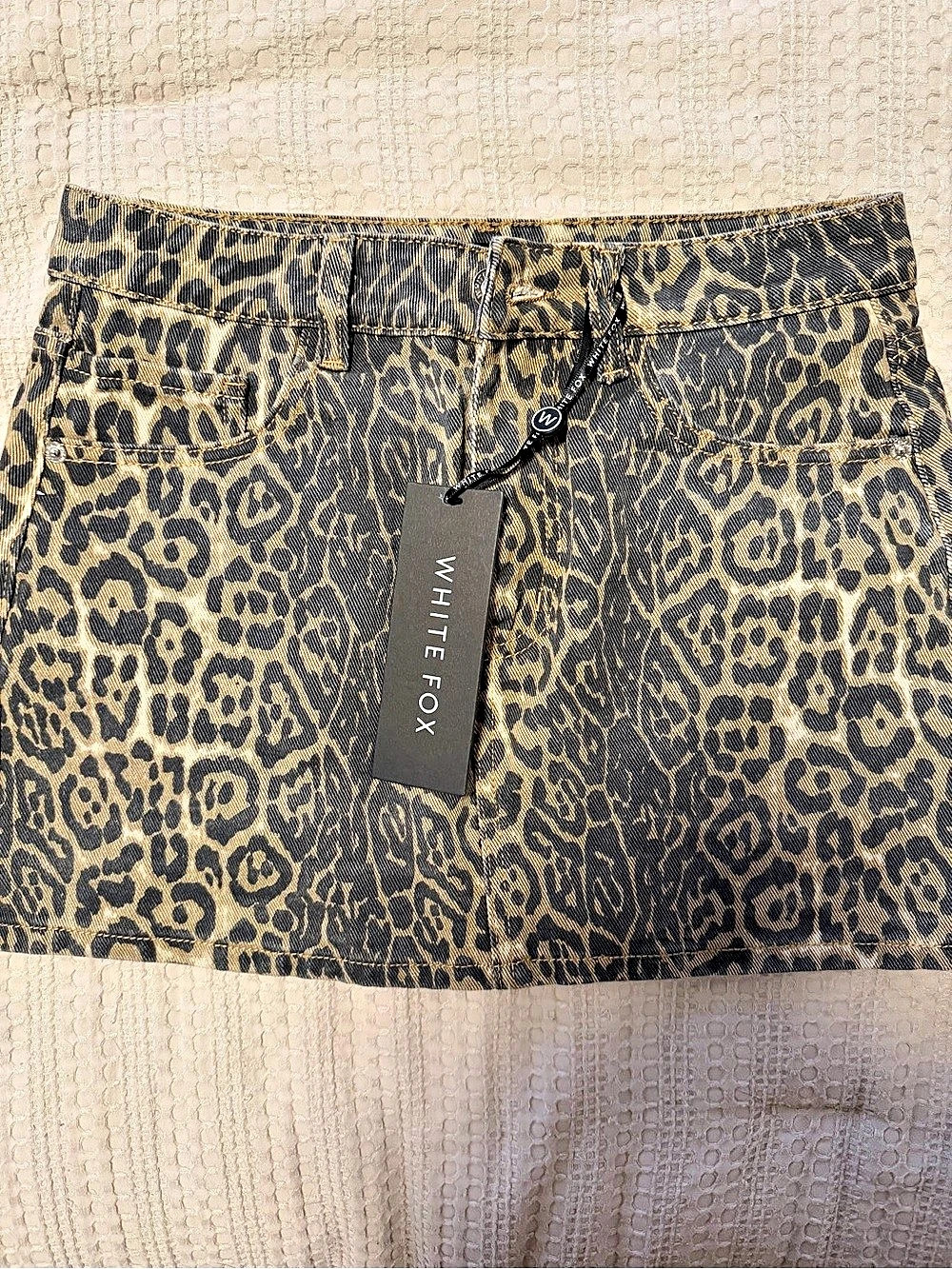 White Fox Denim Mini Skirt Leopard Print